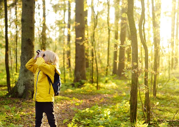 kid in forest looking up with binoculars